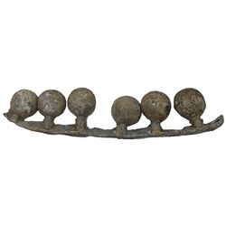 Rack of six lead musketball halves still attached to mold, ex-Joanna (1682).