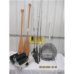 9 Items- 2 Paddles - Fishing Box w Tackle, 5 Fishing Rods & Reels , Fishing Scoop Net