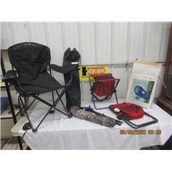 7 Items, 6 Folding Yard Chairs & Stools & Woods Sleeping Blanket