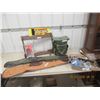Image 1 : 20 Plus Items - Wood Open Gun Rack, Hunting Seat 2 Soft Gun Cases, New Berkley 50LB Digital Fish Sca