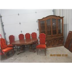 8 Pc Sklar Peppler Oak Dining Room Suite- 1- Buffet China Cabinet, Table w Leaves, 6 Chairs (2 Capta