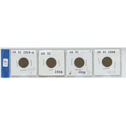 4 USA 1 CENT COINS, 1929-D, 2 X 1936, & 1948