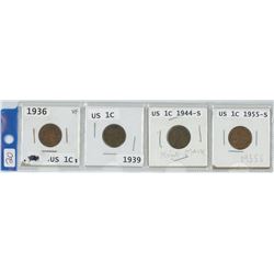 4 USA 1 CENT COINS, 1936, 1939, 1944-S, 1955-S
