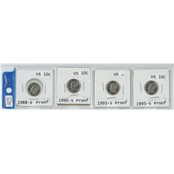 4 USA 10 CENT COINS, 1988-S, 1990-S, 1993-S, 1995-S
