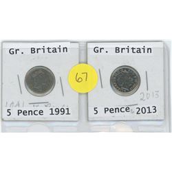 1991 AND 2013 GREAT BRITAIN 5 PENCE COINS
