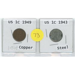 COPPER 1949 US 1 CENT C/W STEEL 1943 US 1 CENT