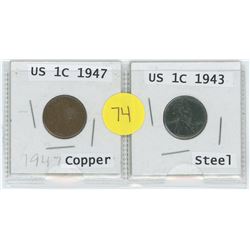 COPPER 1947 US 1 CENT C/W STEEL 1943 US 1 CENT