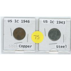 COPPER 1946 US 1 CENT C/W STEEL 1943 US 1 CENT