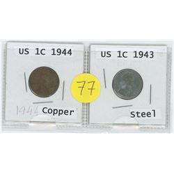 COPPER 1944 US 1 CENT C/W STEEL 1943 US 1 CENT