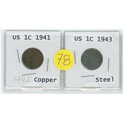 1941 US COPPER 1 CENT C/W 1943 STEEL US 1 CENT