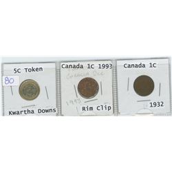 5 CENT KWARTHA DOWNS TOKEN, CANADA 1993 1 CENT, CANADA 1932 1 CENT