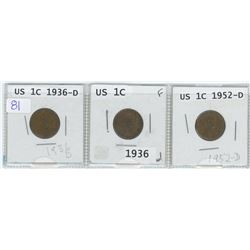 3 USA 1 CENTS, 1936-D, 1936 & 1952-D