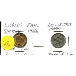 SEATTLE WORLDS FAIR TRANSIT TOKEN (1962) AND BC ELECTRIC TRANSIT TOKEN
