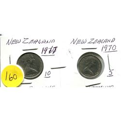 2 NEW ZEALAND ONE SHILLING COINS 1967 AND 1970