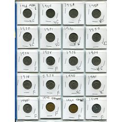 SHEET OF 20 DIFFERENT CANADIAN NICKELS (1926-1944)