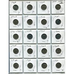 SHEET OF 20 DIFFERENT CANADIAN NICKELS (1945-1962)