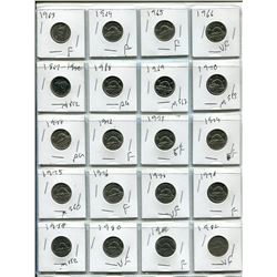 SHEET OF 20 DIFFERENT CANADIAN NICKELS (1963-1982)