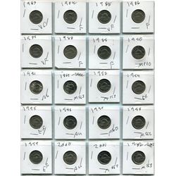SHEET OF 20 DIFFERENT CANADIAN NICKELS (1982-2001)