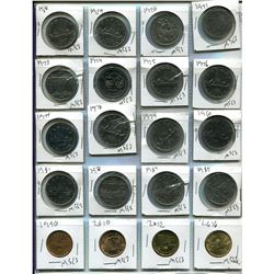 SHEET OF 20 CANADIAN ONE DOLLAR COINS - 1918-1985, 1990, 2010, 2012, 2016