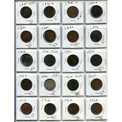 SHEET OF 20 CANADIAN ONE CENT COINS - 1885-1920