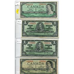 1954 (X2) AND 1937 (X2) BANK OF CANADA ONE DOLLAR BILLS - ASTERISK IN FRONT OF THE SERIAL NUMBER
