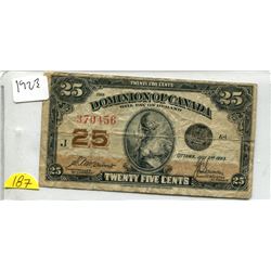 1923 TWENTY-FIVE CENTS DOMINION OF CANADA SHIN PLASTER - SAUNDERS SIGNATURE