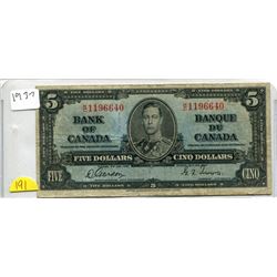 1937 BANK OF CANADA 5 DOLLAR BILL