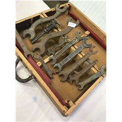 WOODEN BOX OF 11 IHC WRENCHES - ALL STAMPED