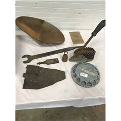 LOT OF VINTAGE 1940'S CHICKEN FEEDER - HAND FORGED SHOVEL, TOOLS, ETC.