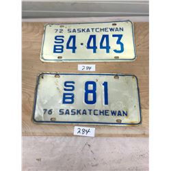 2 LICENSE PLATES - 1972 AND 1976, LOW DIGIT - S.B. SASK.