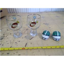 SASK. ROUGHRIDERS SALT & PEPPER AND 2 ROUGH RIDER GLASSES