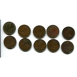 LOT OF 10 KING GEORGE V ONE CENTS 1917-1918-1919