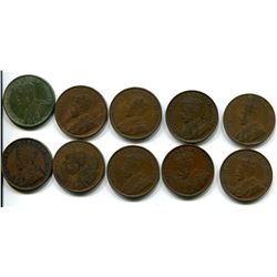 LOT OF 10 KING GEORGE V ONE CENTS 1917-1918-1919