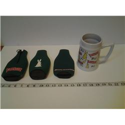 PILSNER MUG AND 3 BEER HOLDERS