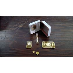 RING BOX OF GOLD CLAD MINIATURE COINS/BARS