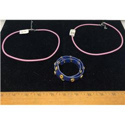 PINK NECKLACES AND BLUE WRAP BRACELET