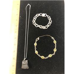 OBSIDIAN NECKLACE (925 SILVER CHAIN AND ARROW HEAD), AND TWO CHAIN BRACELETS
