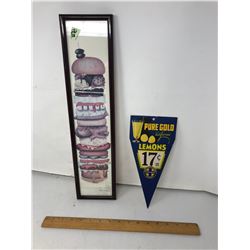 2 - VINTAGE PURE GOLD, CA. CARDBOARD LEMON SIGN/FRAMED GIANT HAMBURGER PICTURE