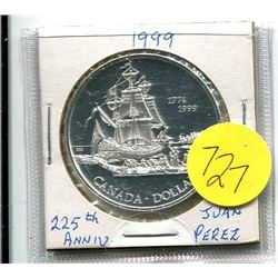 1999 - CANADA SILVER DOLLAR - 225TH ANNIV. VOYAGE OF JUAN PEREZ - .75 TROY OZ SILVER
