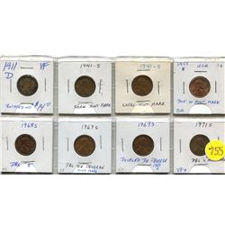 EIGHT UNITED STATES ONE CENT ERROR COINS