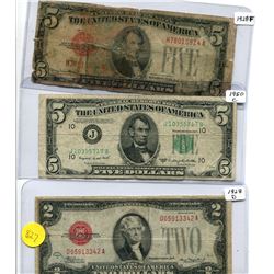 THREE USA NOTES (1928D TWO DOLLAR, 1928F FIVE DOLLAR, 1950C FIVE DOLLAR)