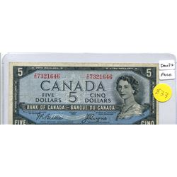 1954 BANK OF CANADA FIVE DOLLAR NOTE - DEVIL'S FACE