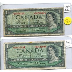 2X 1954 BANK OF CANADA ONE DOLLAR REPLACEMENT NOTE