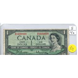 1954 BANK OF CANADA ONE DOLLAR NOTE WITH FIVE 9'S