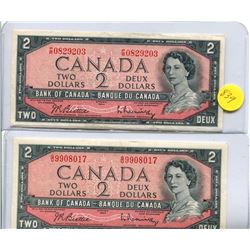2X 1954 BANK OF CANADA TWO DOLLAR NOTE