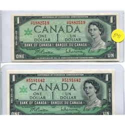 2X 1967 BANK OF CANADA ONE DOLLAR NOTE WITH SERIAL NUMBER