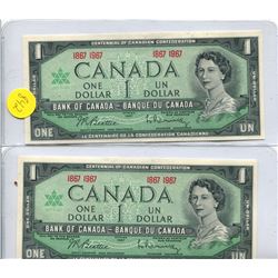 2X 1967 BANK OF CANADA ONE DOLLAR NOTE WITHOUT SERIAL NUMBER
