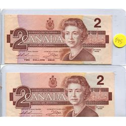2X 1986 BANK OF CANADA TWO DOLLAR NOTE
