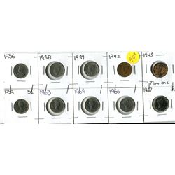 1936, 38,39, 42, 43, 59, 63, 64 (UNCIRC.), 67 (UNCIRC.) CANADIAN FIVE CENT COIN