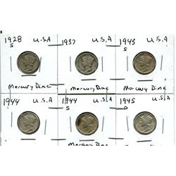1928S, 1937, 1953S, 1944, 1944S, 1945D USA MERCURY DIME